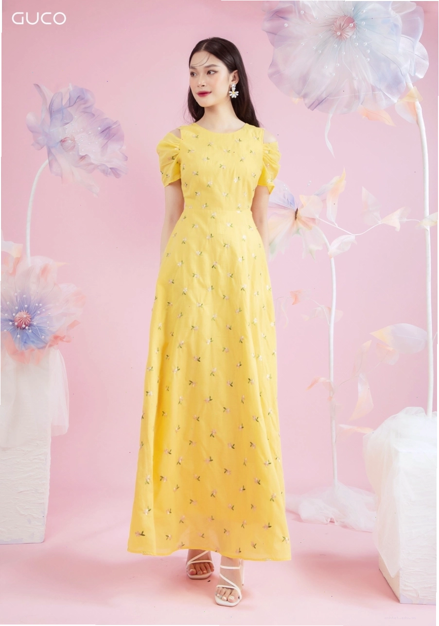 Váy maxi hoa cổ tròn tay búp hở vai 3868 - Hoa vàng