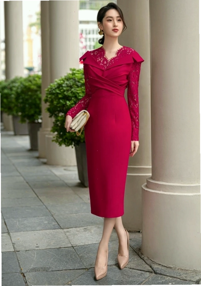 Váy midi cổ điển dáng chữ A màu nâu đất, cổ tròn, tay ngắn