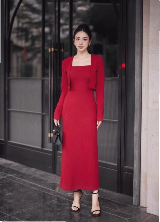 Váy midi cổ điển dáng xòe màu vàng mustard, cổ bẻ, tay ngắn