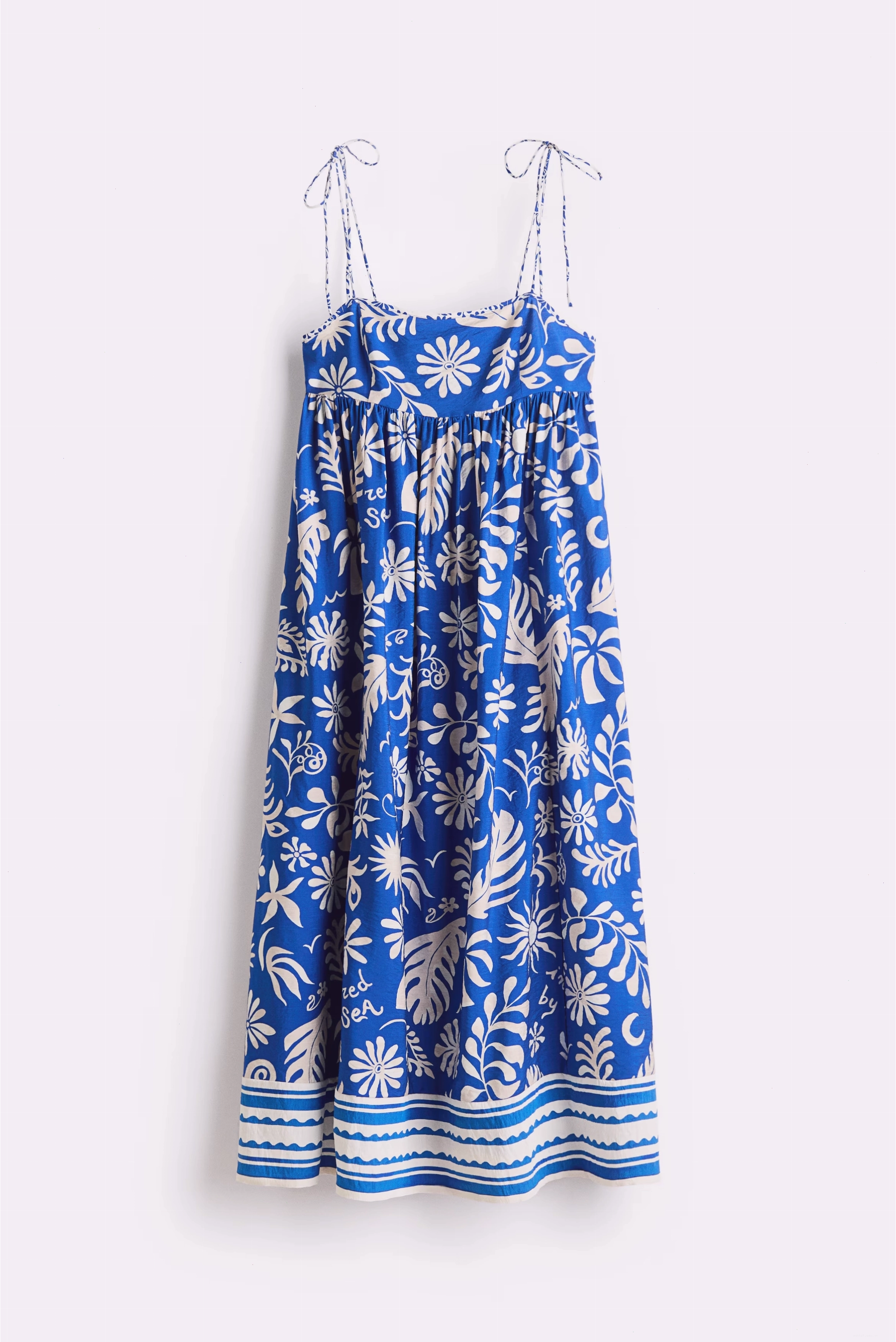 Váy midi dây thắt nơ màu xanh dương họa tiết hoa văn, dáng xòe vintage