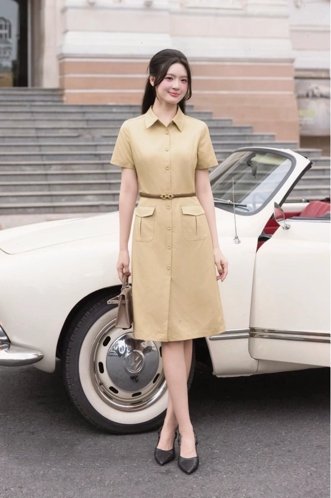 Váy sơ mi dáng dài, chiết eo, họa tiết vintage