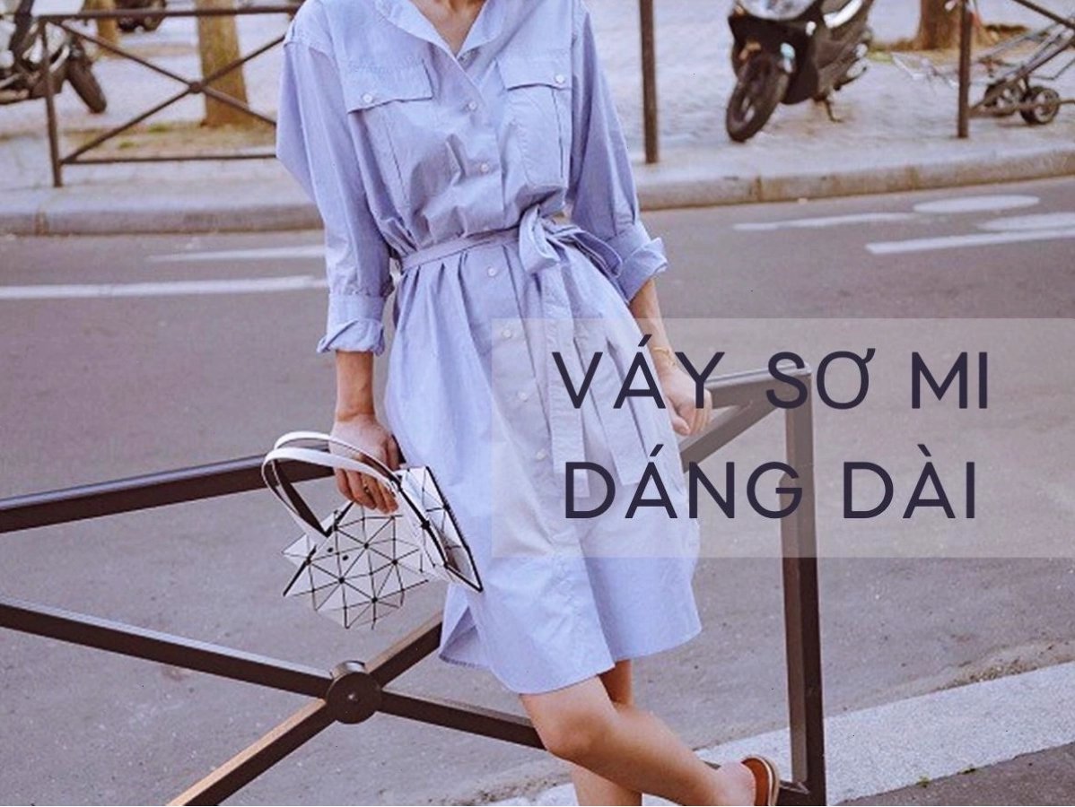 Váy sơ mi dáng dài màu be, tay dài, cổ bẻ, thắt dây eo