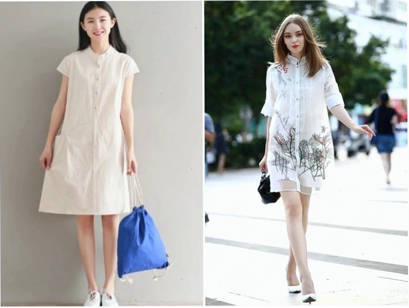Váy sơ mi dáng ôm, màu xanh pastel, cổ bẻ