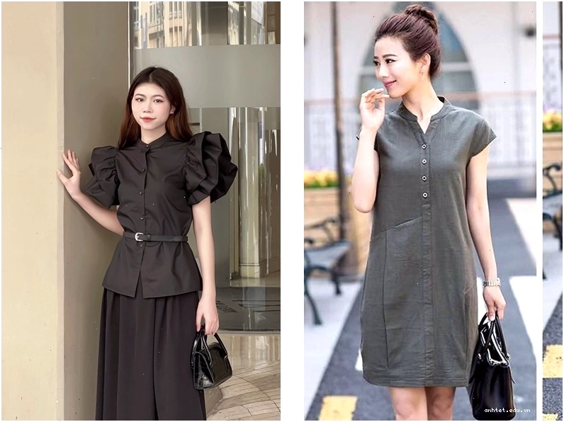 Váy sơ mi dáng xòe, tay phồng, họa tiết hoa