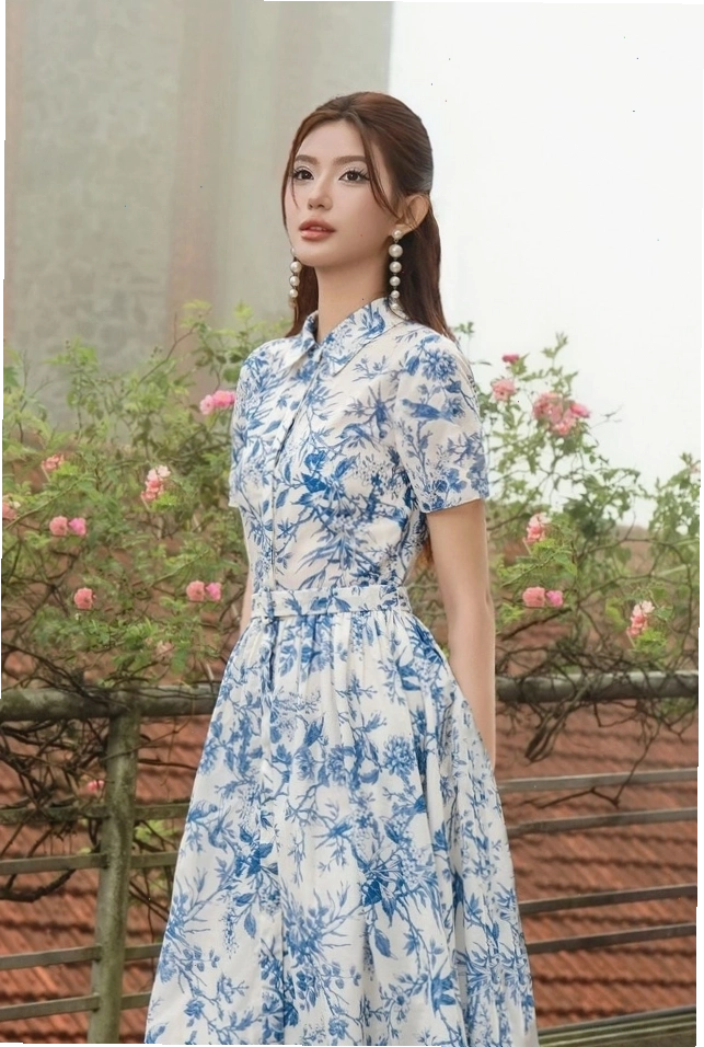 Váy sơ mi họa tiết kẻ sọc ngang, dáng suông, tay lỡ