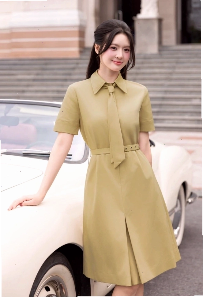 Váy sơ mi oversize, họa tiết kẻ caro, buộc eo