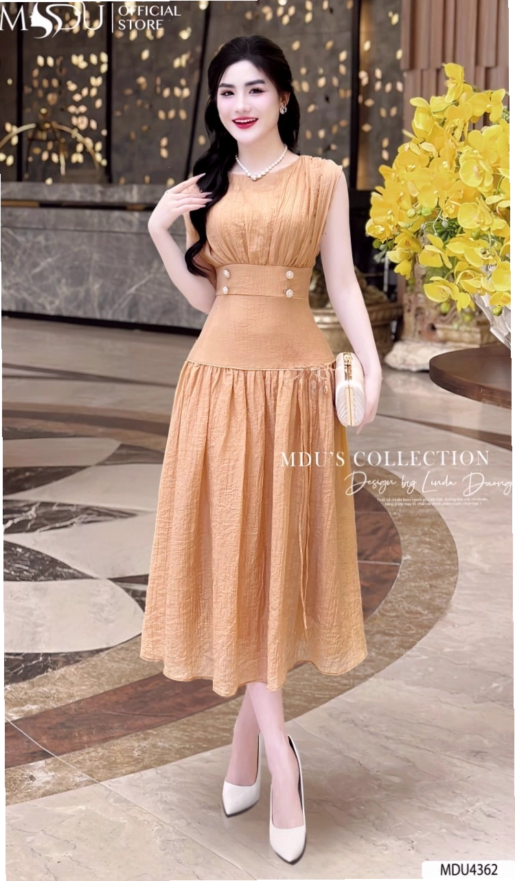 Váy thiết kế MDU4362 dáng dài body cổ vuông màu nâu, đính đá cao cấp
