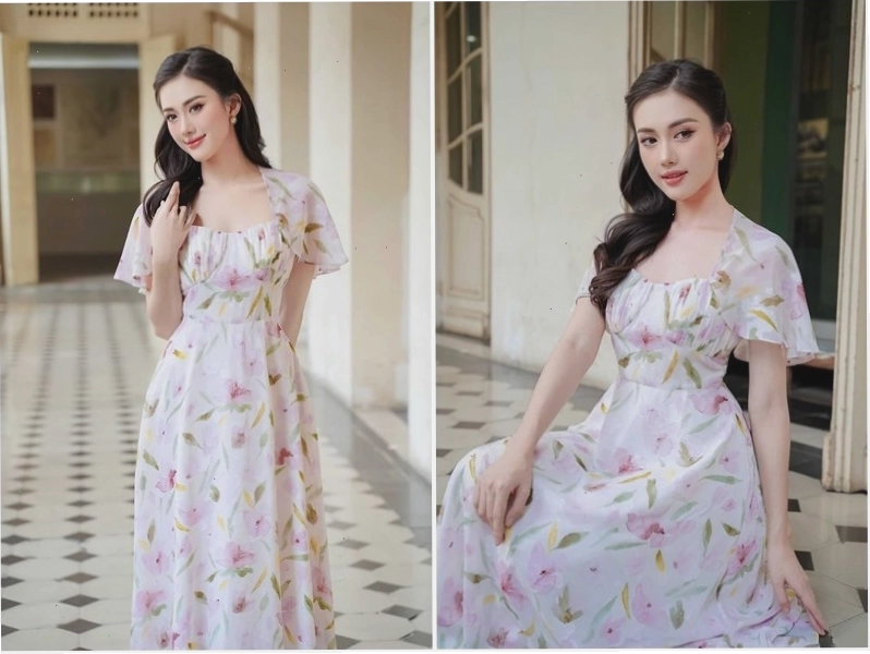 Váy xòe dáng dài họa tiết hoa