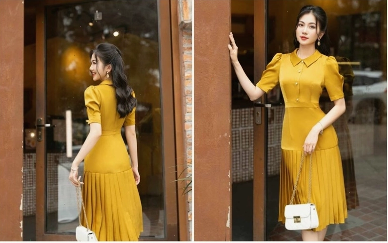 Váy xòe dáng ngắn cổ V tay phồng