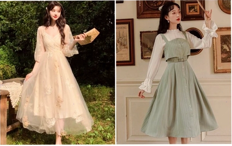 Váy xòe vintage dáng dài họa tiết hoa nhí
