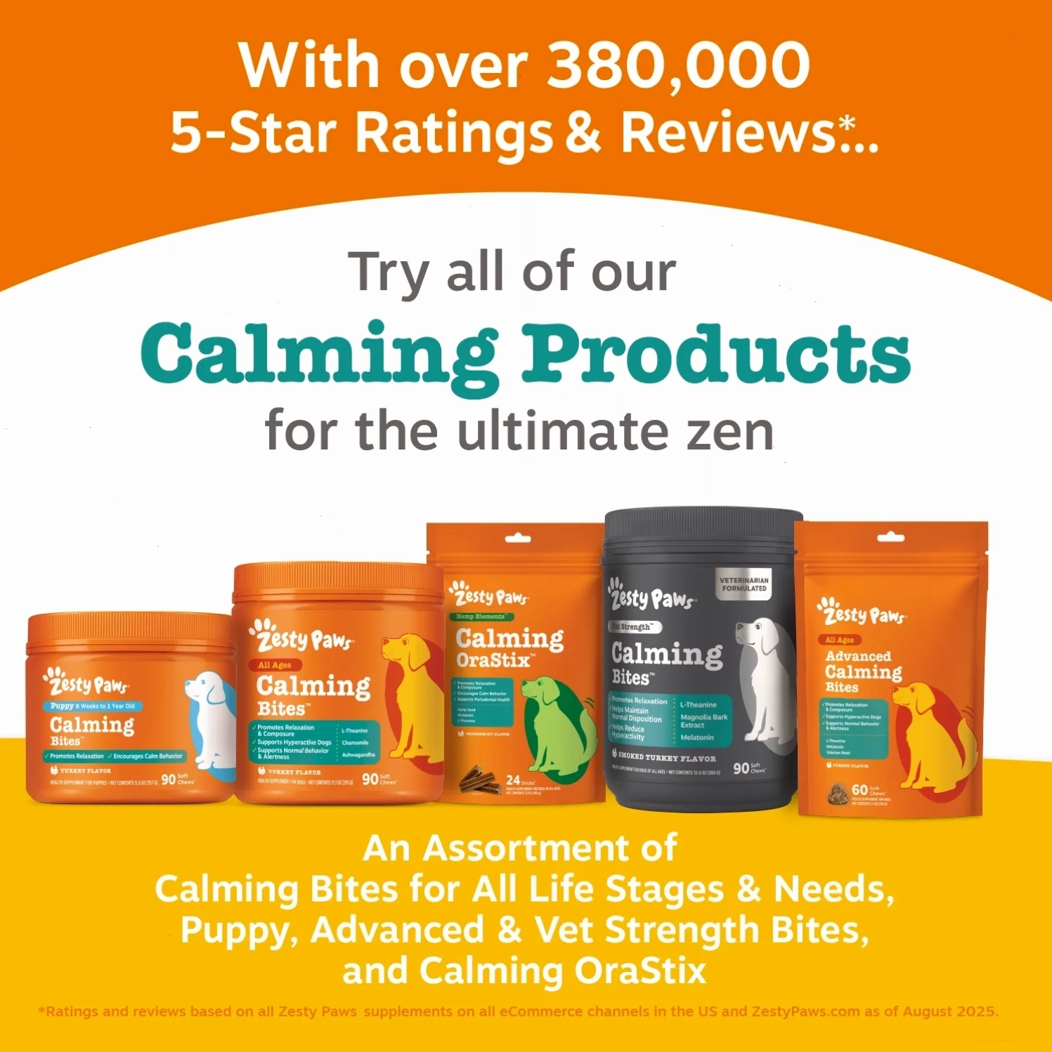 Five Zesty Paws calming bite products arranged in a row